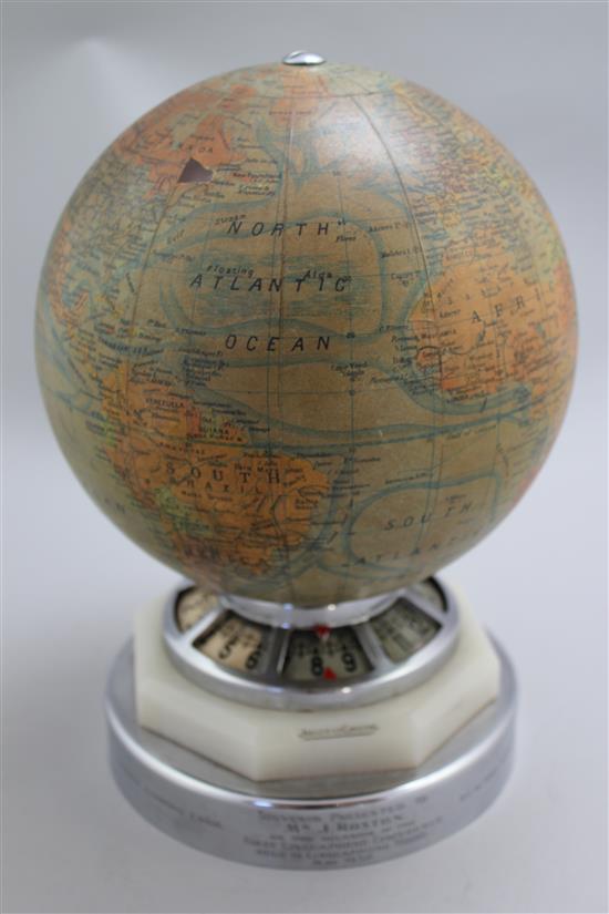 A Jaeger Le Coutre globe timepiece, height overall 10.5in.